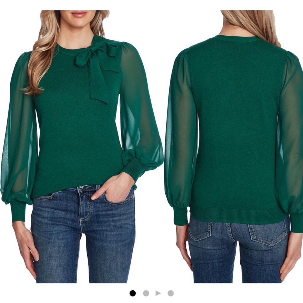 Green Cece Sweater With Bow Tie Neck And Sheer Sleeves